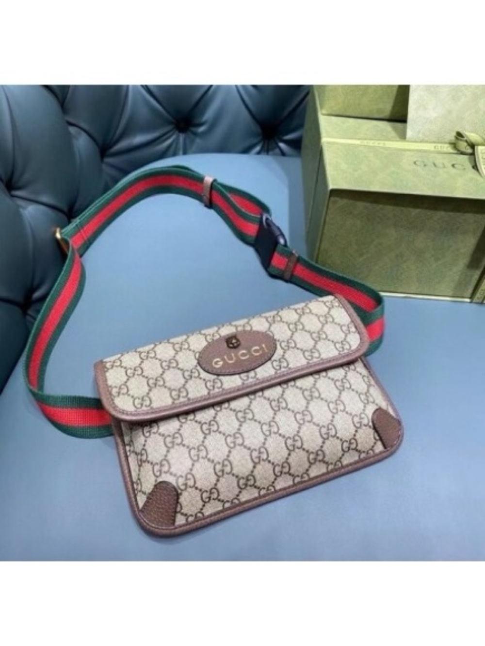 Gucci Beige Monogram Crossbody Bag with Green and Red Web Strap